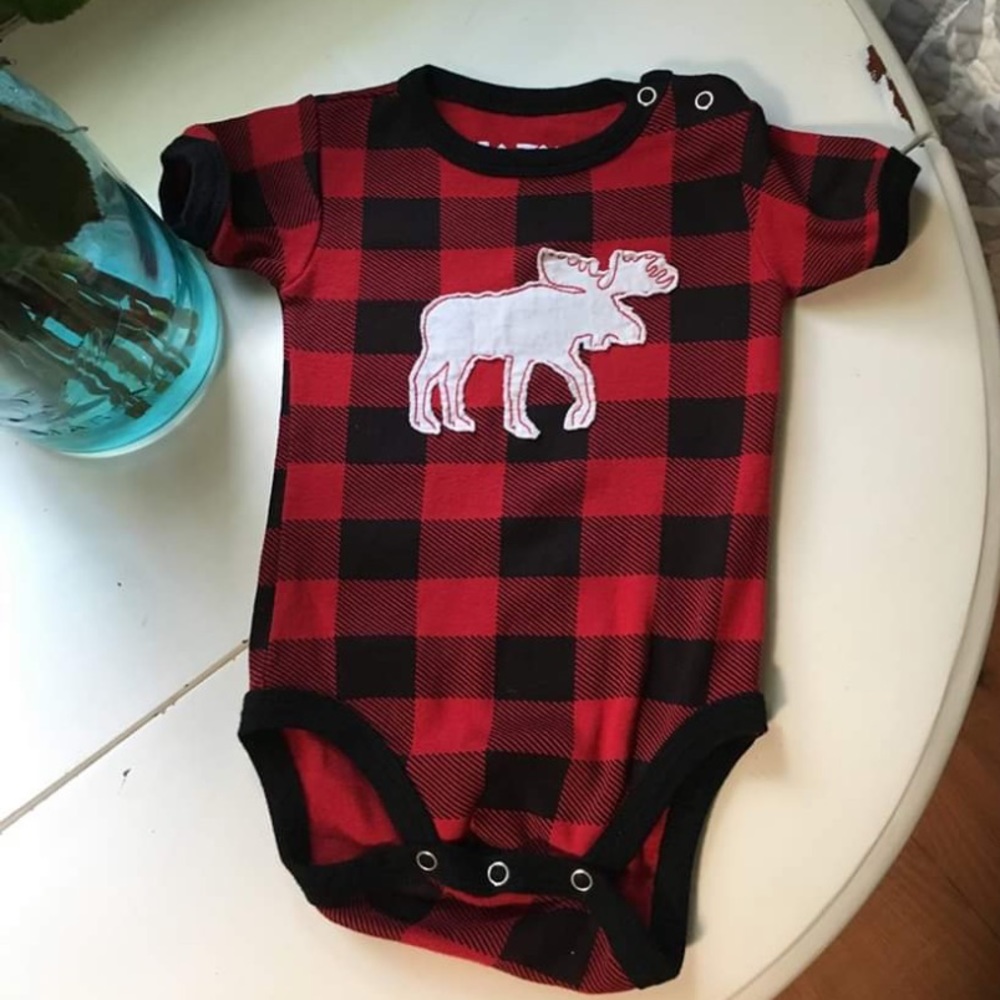 Lazy one buffalo plaid moose onesie